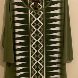 Multiples Olive and White Geometric Long Sleeve Top